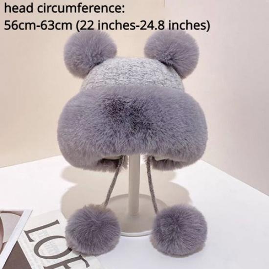 Women Knit Warm Splice Cap Hat Faux Fur Pompom Ear Hat Winter Skiing Outdoor Hat светло-серый