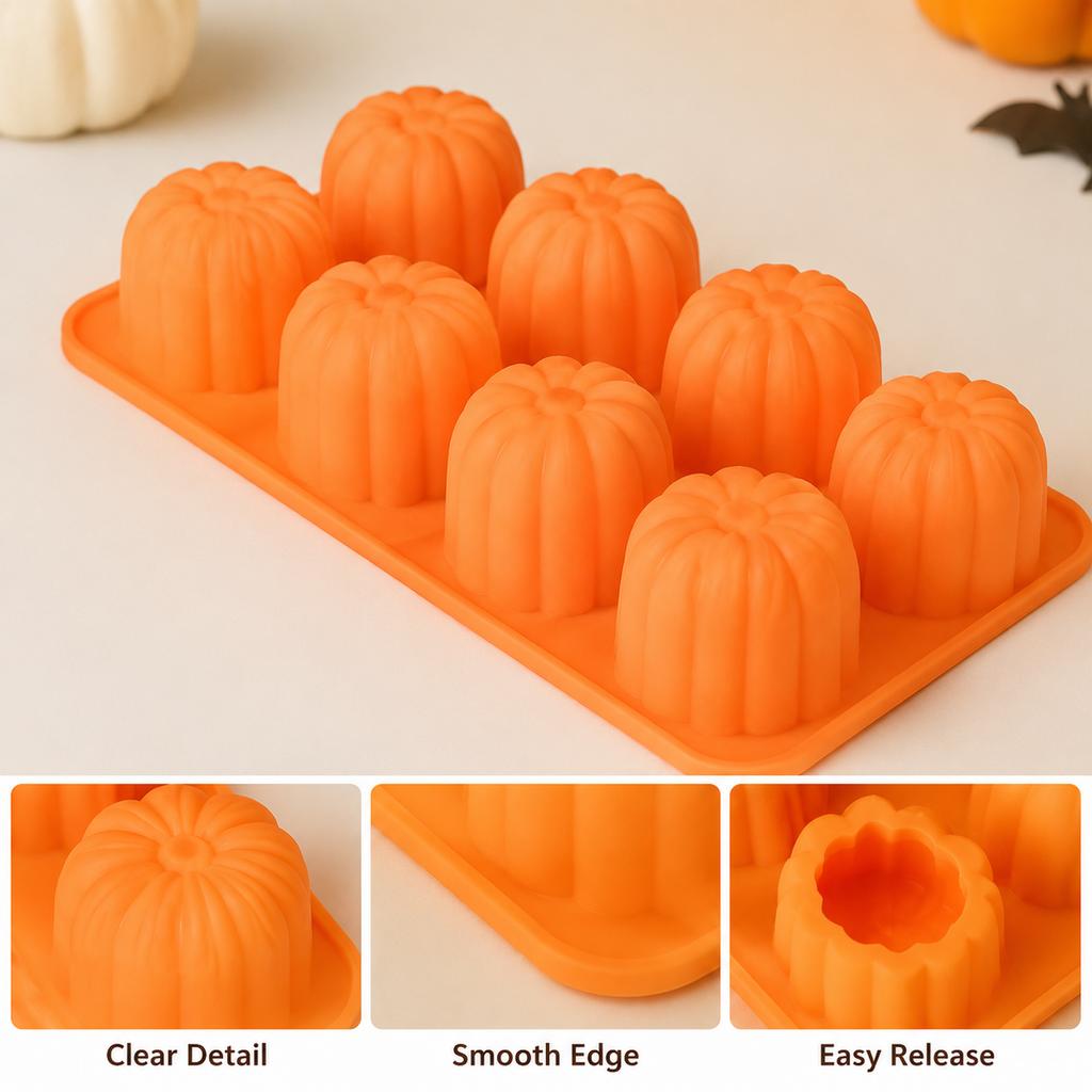 Halloween Pumpkin Silicone Mold, 8-Cavity Orange Baking Form for Cakes, Jelly, Chocolate and DIY Treats