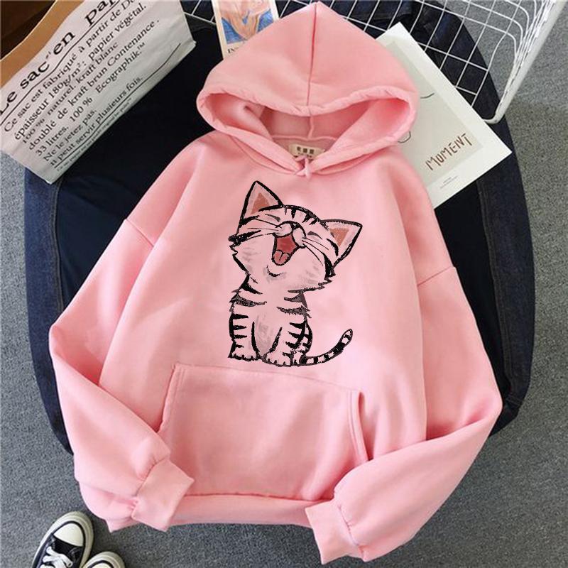 Funny Happy Cat Print Casual Pocket Hoodies Autunm Winter Women's Hooded Clothes Kawaii Graphic Sweatshirts 90s Y2k Streetwear