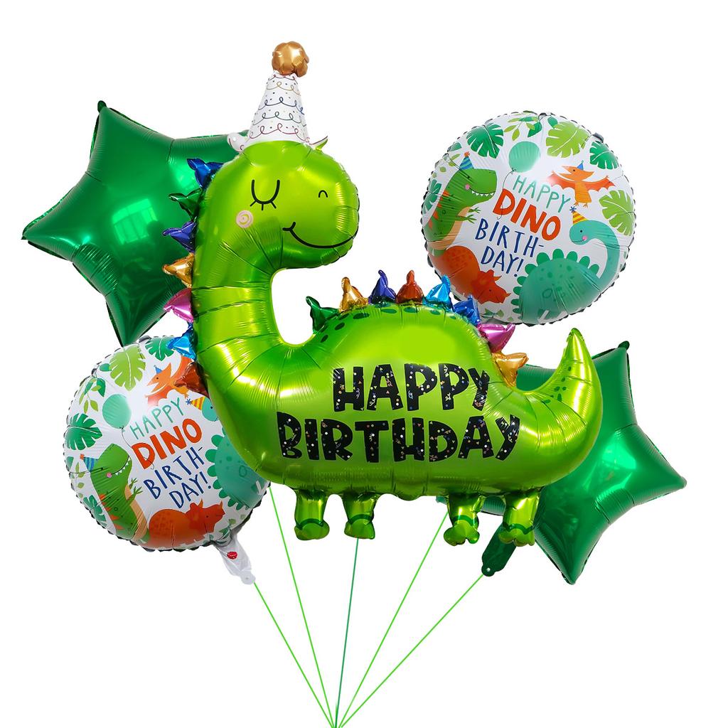 5-Piece Dinosaur Aluminum Film Balloon Set Birthday Hat Dinosaur Tyrannosaurus Rex Children'S Birthday Party Decorative Balloon