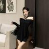 One-word Shoulder Purple Neck Hanging Long-sleeved Dress Women's Autumn Slim-fitting Waist Skirt Pure Desire Wind Tight Hip-wrapped Short Skirt