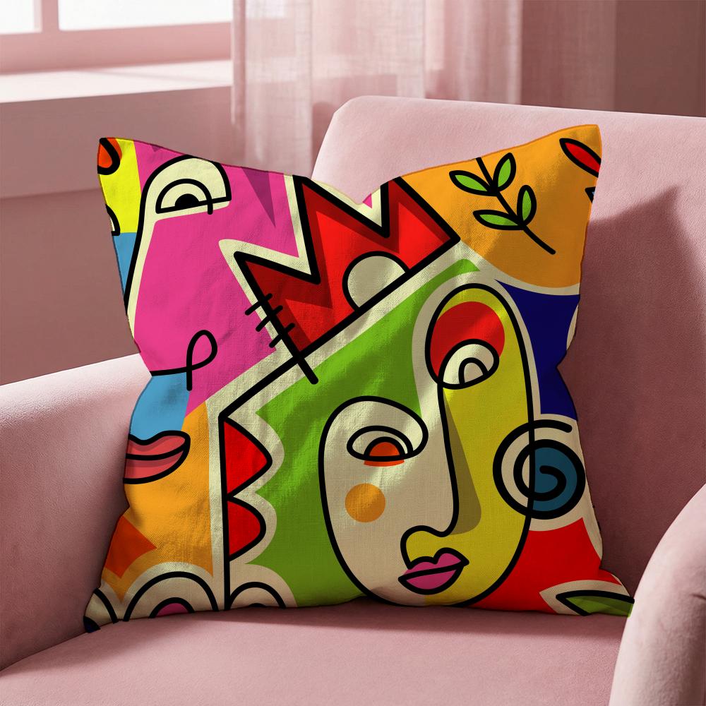 Colorful Abstract Faces Cushion Cover Multi-Scene Pillow Cover for Home & Car - Reversible, Soft & Durable for Daily Use