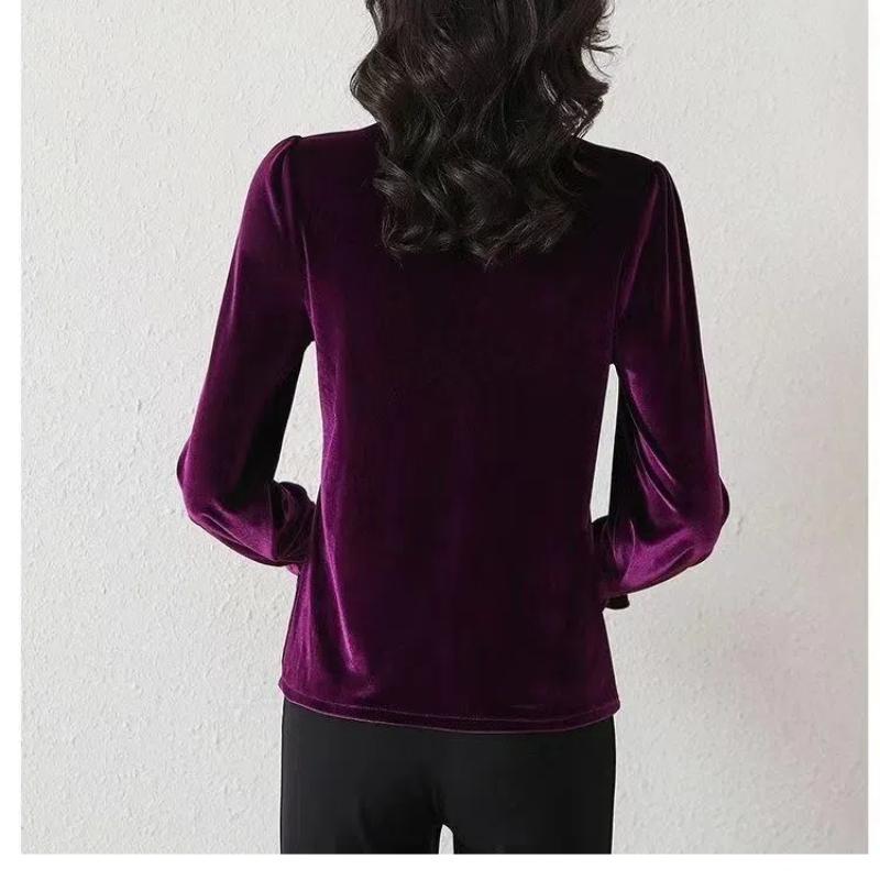 Gold Velvet Women's 2024 Autumn Winter Splicing O-Neck Button Ruffles Fashion Solid Color Minimalist Casual Long Sleeve Top