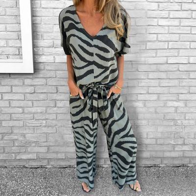 2 Pcs/Set Women Top Pants Suit Stripe Printing Contrast Color V Neck Short Sleeve Blouse Wide Leg Elastic Waist Trousers Commuting Outfit Casual
