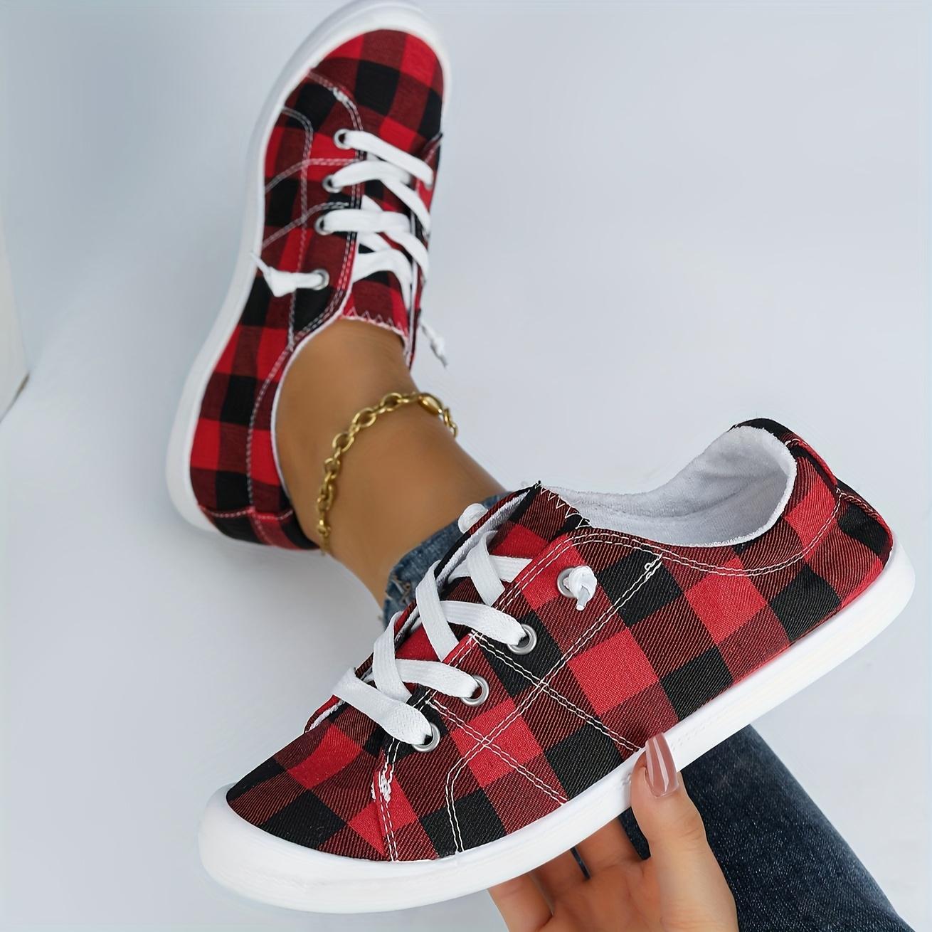 

Women s Red & Black Checkered Print Casual Shoes - Breathable Fabric Upper Round Toe Design Size 36