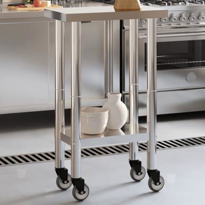 Table de Travail de Cuisine - VIDAXL - 55x30x85 cm - Inox - 4 Roulettes - Résistante à la Corrosion
