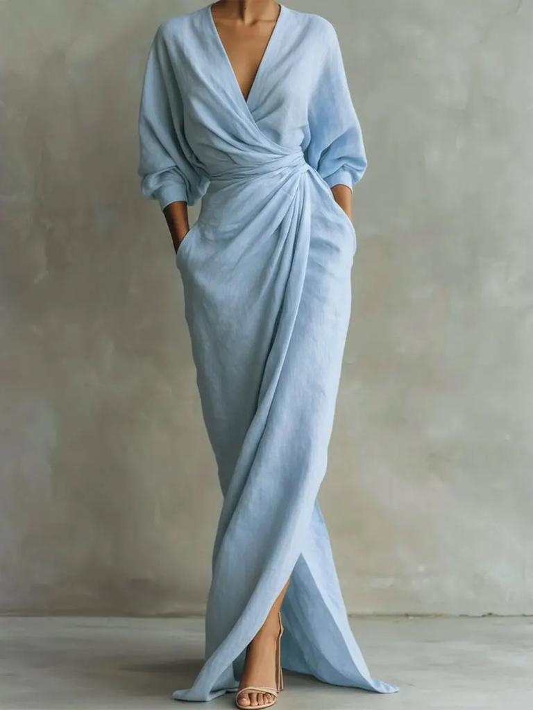 New Elegant Solid Color V-Neck Long Sleeve Ruched Waist Pocket Dress