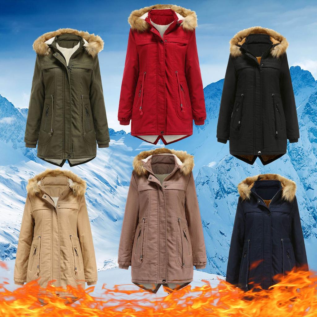 Women's Winter Mid-Length Fleece Detachable Hat Warm Jacket Cotton Coat