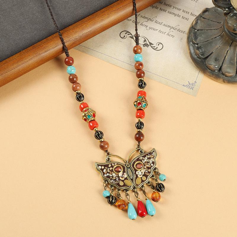 Original Design Nepalese Butterfly Necklace Vintage Clavicle Chain Exotic Style Tassel Frontier Tibetan Headdress