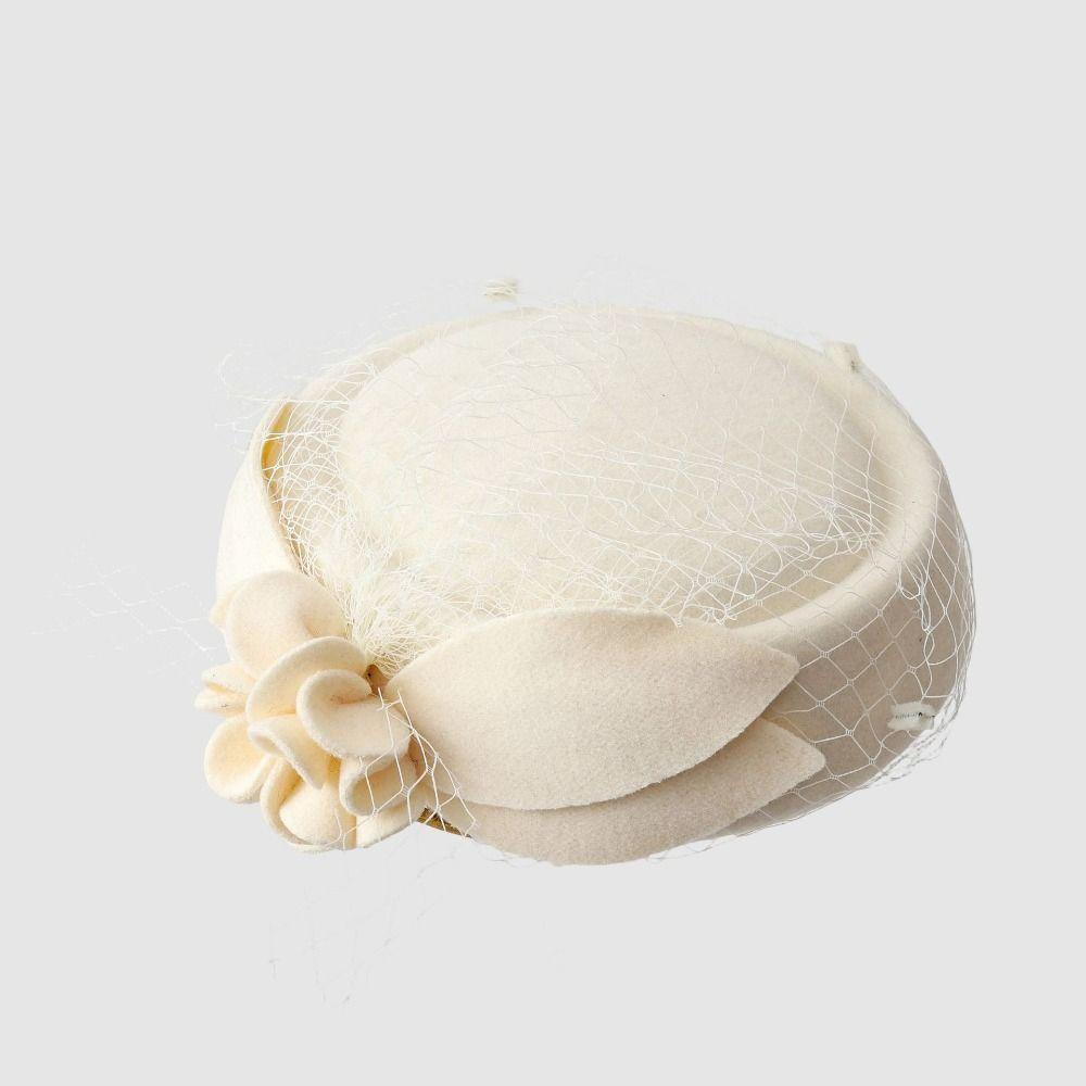 Flower Mesh Topper Hat Solid Color Woolen Beret Uniform Stewardess Hat Pillbox Hat  Banquet