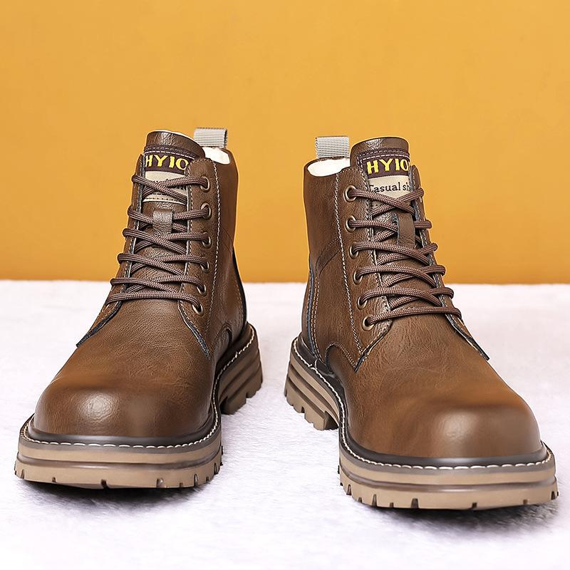 Fleece thermal cotton leather boots fur integrated men's boots winter explosion wool cotton boots casual outdoor retro Martin boots