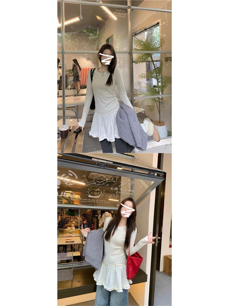 DeRong 2025 Autumn/Winter Women's Lace Trim Slim Fit Long Sleeve T-shirt