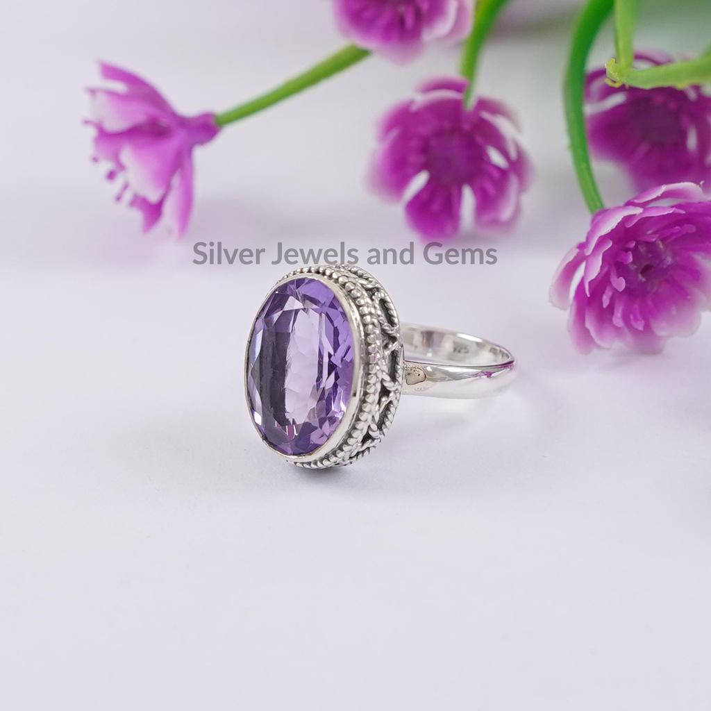 Natural Amethyst Ring, Handmade Boho Ring, 925 Sterling Silver Ring, Oval Gemstone Ring, February Birthstone Ring, Designer Ring