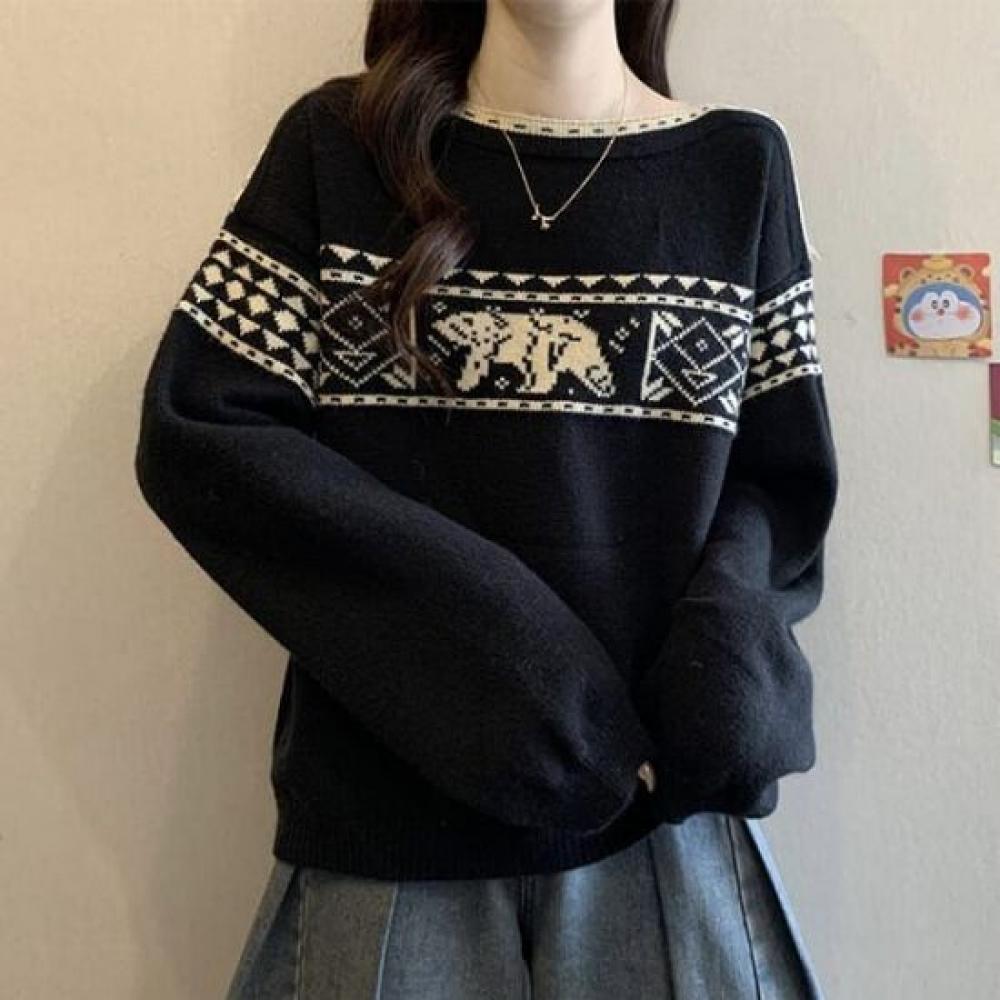 Navava Cozy Nordic Pattern Bear Jacquard Long Sleeve Knit Nk3208