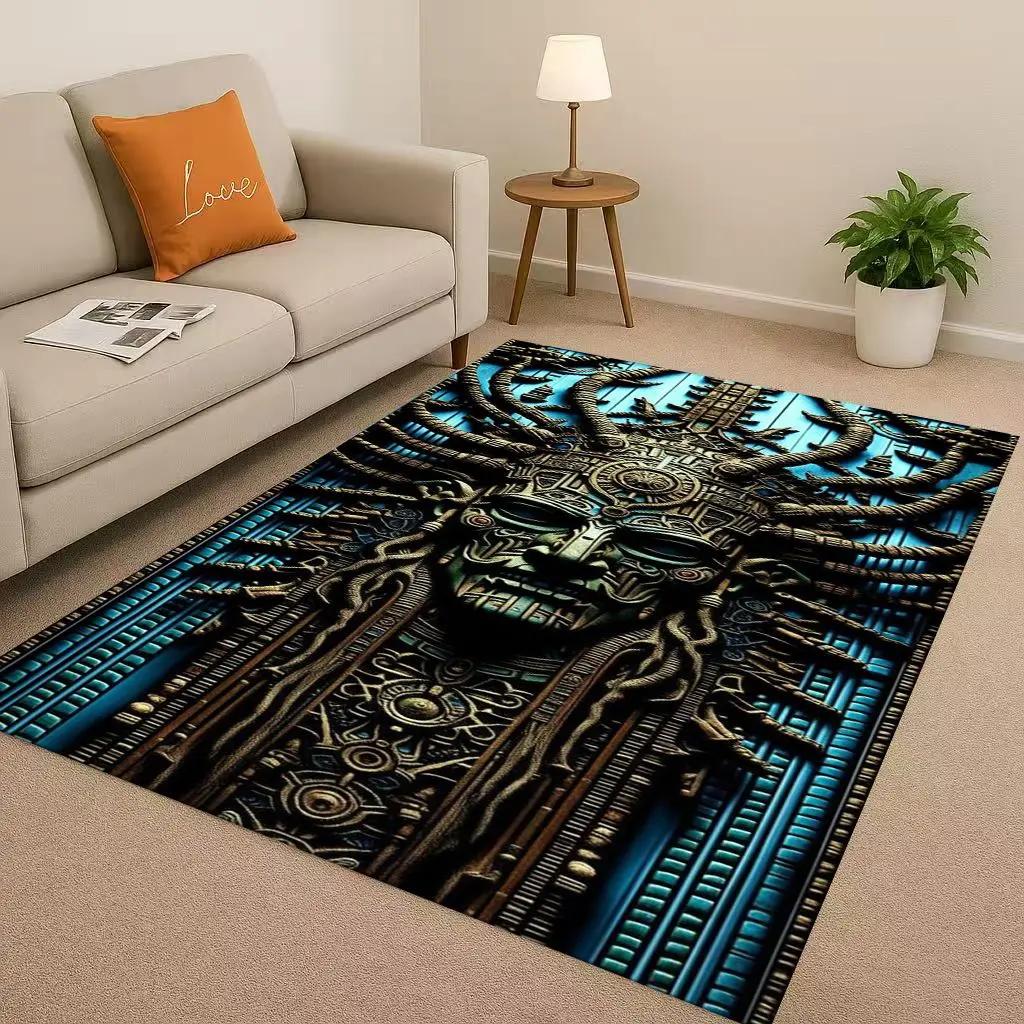 Retro Aztec Totem Maya Mask Sun God Living Room Non-Slip Area Rug Soft Carpet For Bedroom Sofa , Easy Clean Home Doormat Playmat