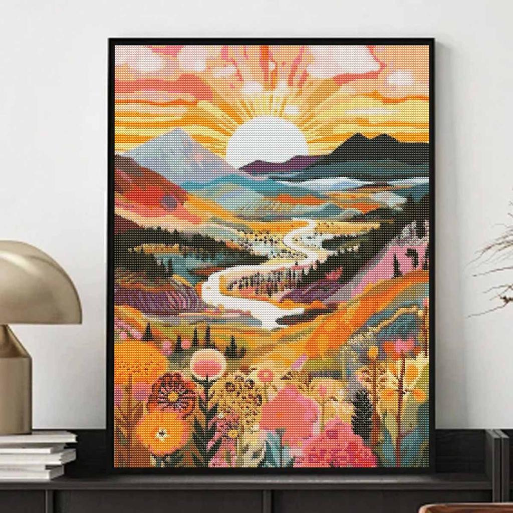 Sunrise Landscape Full Round Drill Diamond Painting Kit DIY Sparkle Art Canvas for Adults Relaxing Craft and Home Decoration Gift Idea Set