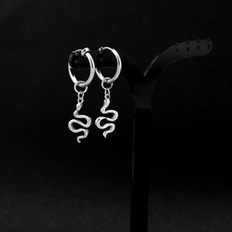 Snake Rose Flower Cross Dangle Hoops Earrings Silver Color Vintage Punk Stainless Steel Earrings For Women Men Jewelry Piercing
