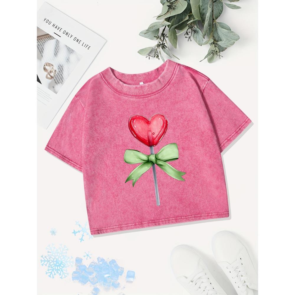 Casual Cotton Crop Tops Womens Love Candy Bows Prints Washed T-Shirts Distressed O-Neck Summer Clothes