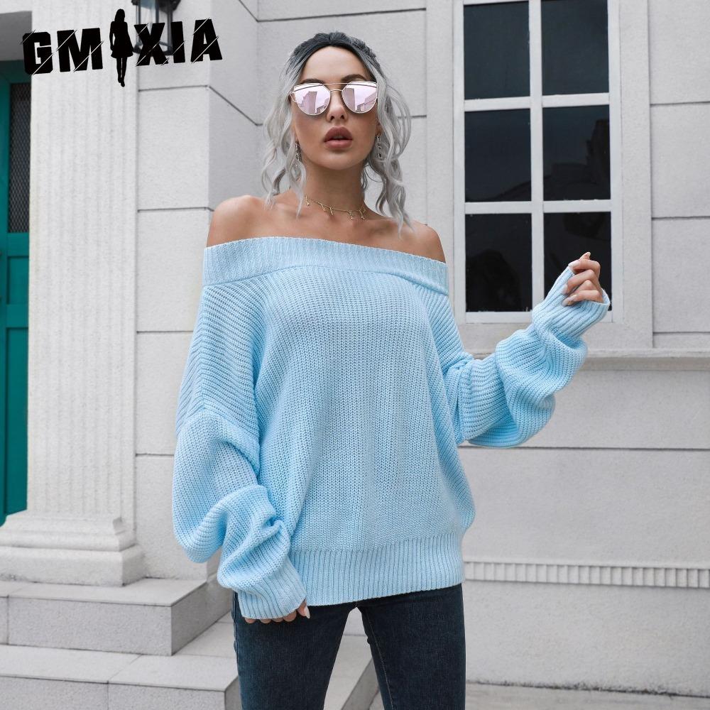 

GMXIA Женские модные повседневные однотонные свободные свитера с длинными рукавами на осень и зиму с принтом L синий