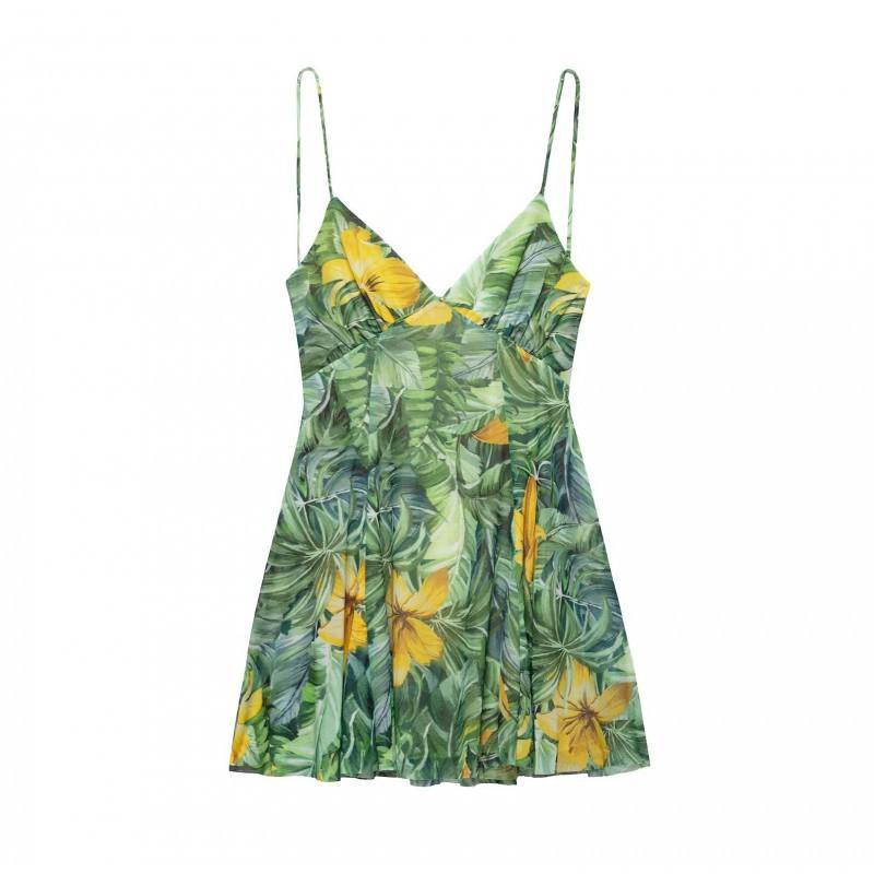 

European American Women s Clothing Summer Backless Silk Screen Printed Short Suspender Dress L зелёный