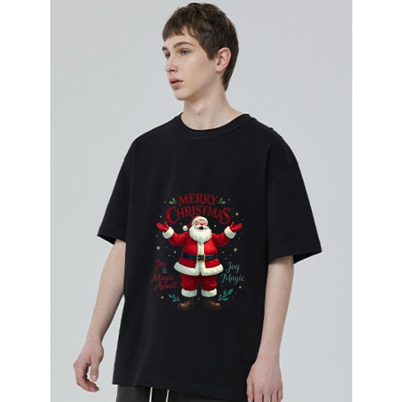 Christmas T-Shirt Black Santa Claus Merry Christmas Joy and Magic Await Holiday Party Wear