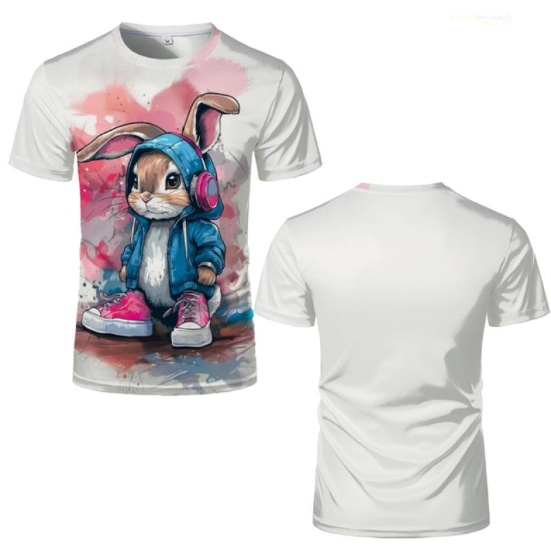 Hip-Hop Bunny Graphic Tee - Urban Streetwear Rabbit with Headphones, Splash Art Design, Soft Polyester, Men's T-Shirt S-XXL