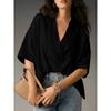 Loose Fit Short Sleeve Turn Down Collar Solid Color Casual Shirt With Pleats