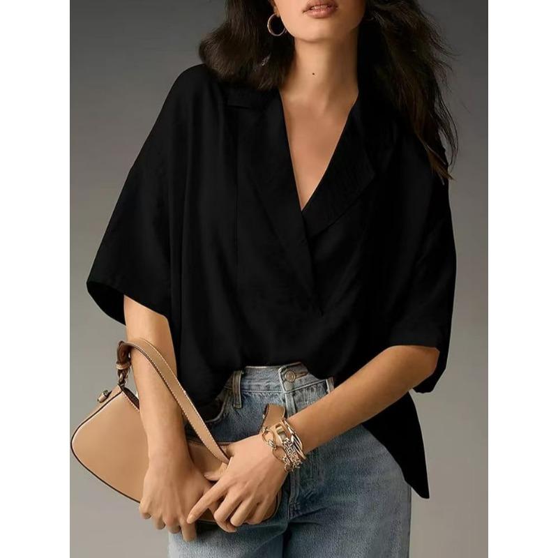 Loose Fit Short Sleeve Turn Down Collar Solid Color Casual Shirt With Pleats
