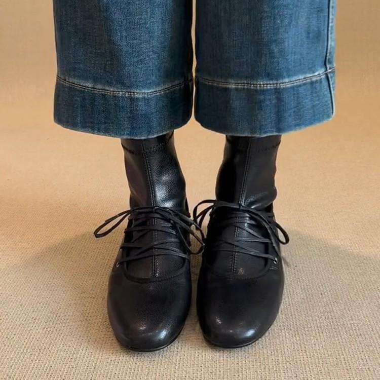 Blue Cabinet Edition~ Autumn and Winter Skinny Lace-Up Mary Jane Short Boots Women's Niche Retro Flat Bottom Back Zipper Elastic Skinny Boots