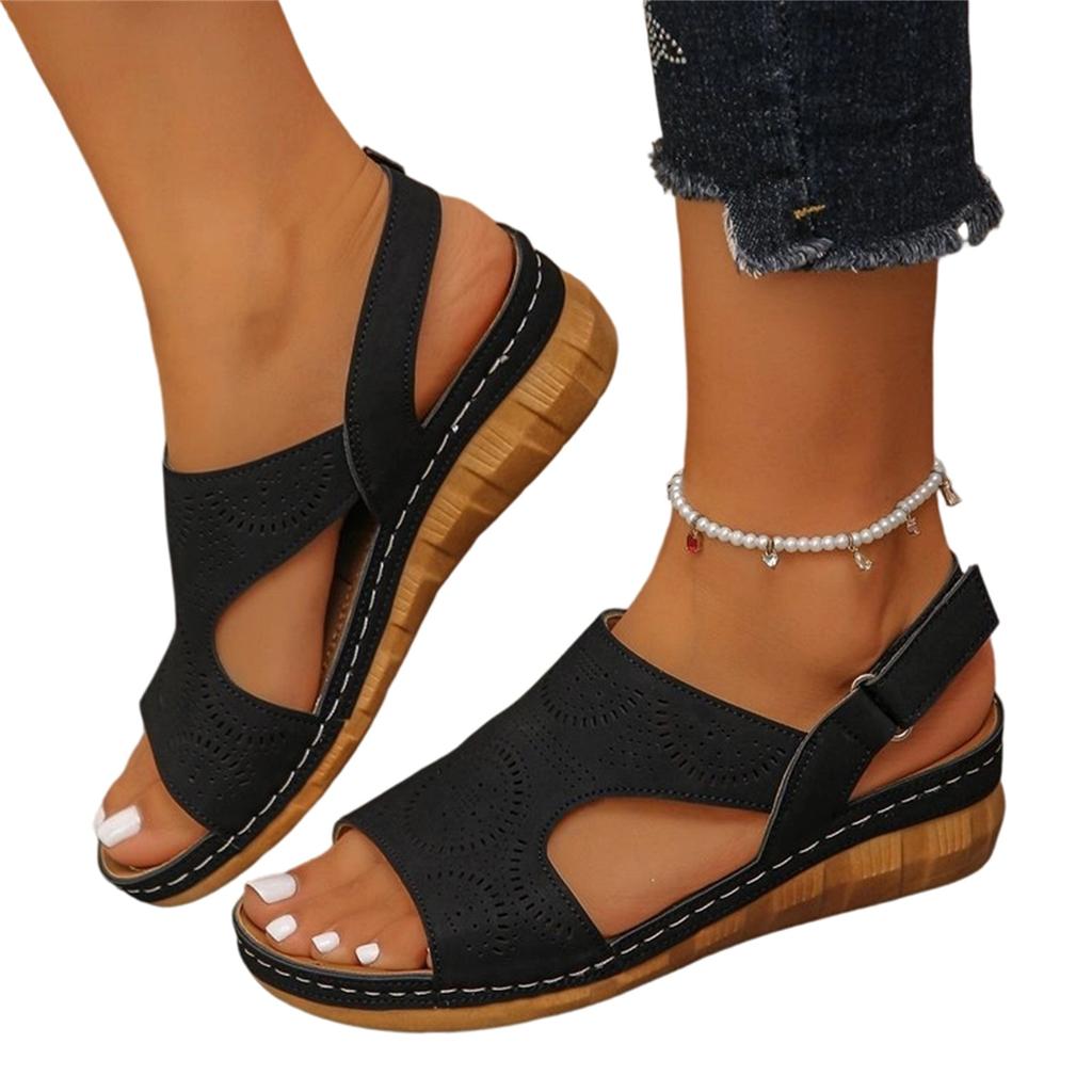 Women’s Plus Size Adjustable Strap Hollow Out Casual Round Toe Sandals with Hook and Loop Closure for Summer Comfort