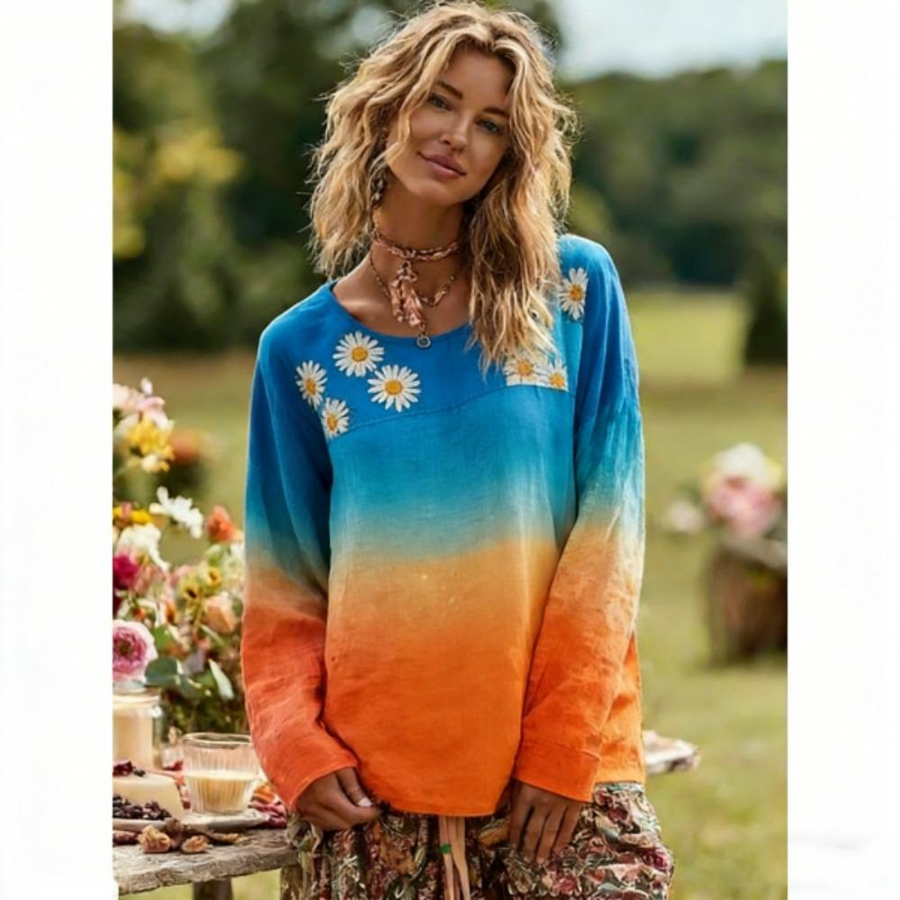 Europe America Women's T-shirt Fashion Floral Print Pullover Bohe Style Women Long Sleeve T-shirt Outdoor Casual Tees Top