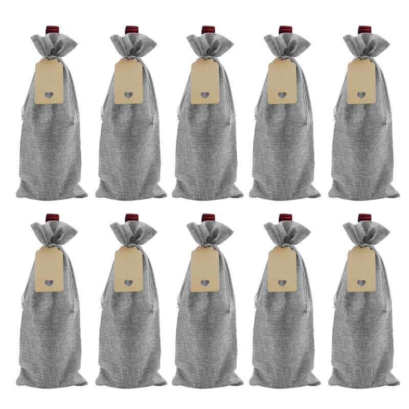 10 Pieces Burlap Wine Bags Jute Wine Bottle Bags with Drawstrings Reusable Gift Bags with Tags for Party Blind Tasting Birthday
