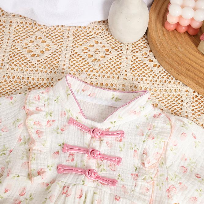 Spring Autumn Floral Princess Romper - Long Sleeve Korean Style Bodysuit for Baby Girls