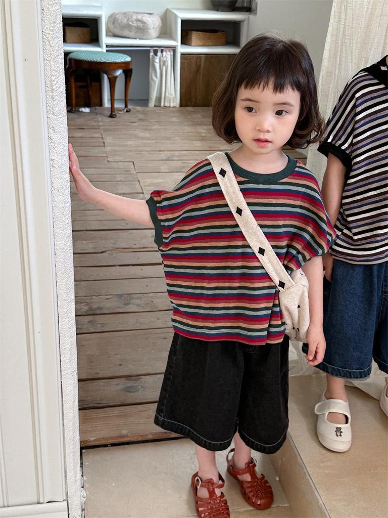 Jiaye Lato 2025 Kolorowe Paski Koszulki dla Dzieci - Unisex Luźny Krój, Okrągły Dekolt, Krótkie Rękawy