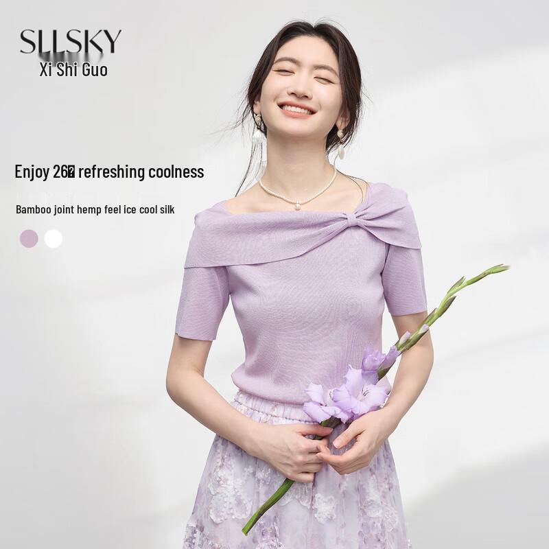 

Women s Sweet Bow Off-Shoulder Ice Silk Knit Top L