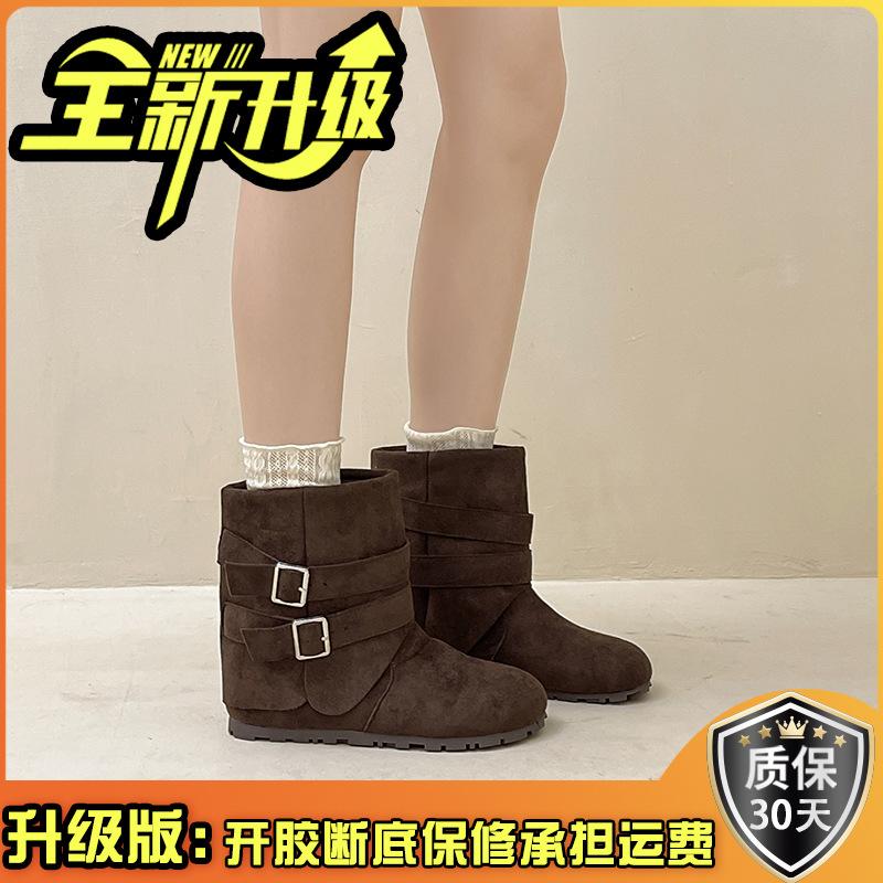 Retro European and American style double buckle with buckle western short boots women's autumn and winter fashion suede versatile short boots fashion