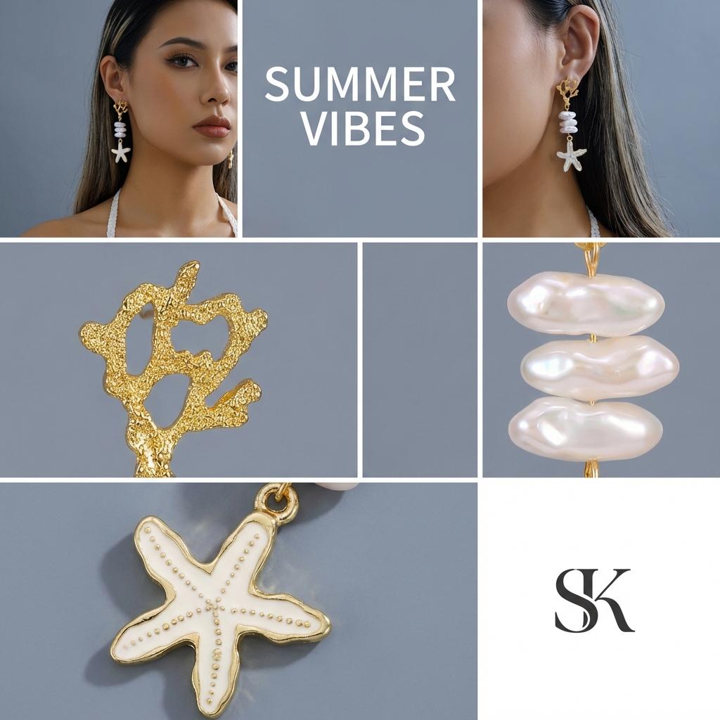 Gold Color Coral Starfish Dangle Earrings for Women Trendy White Enamel Lustrous Imitation Pearl Drop Studs Pretty Beach Jewelry