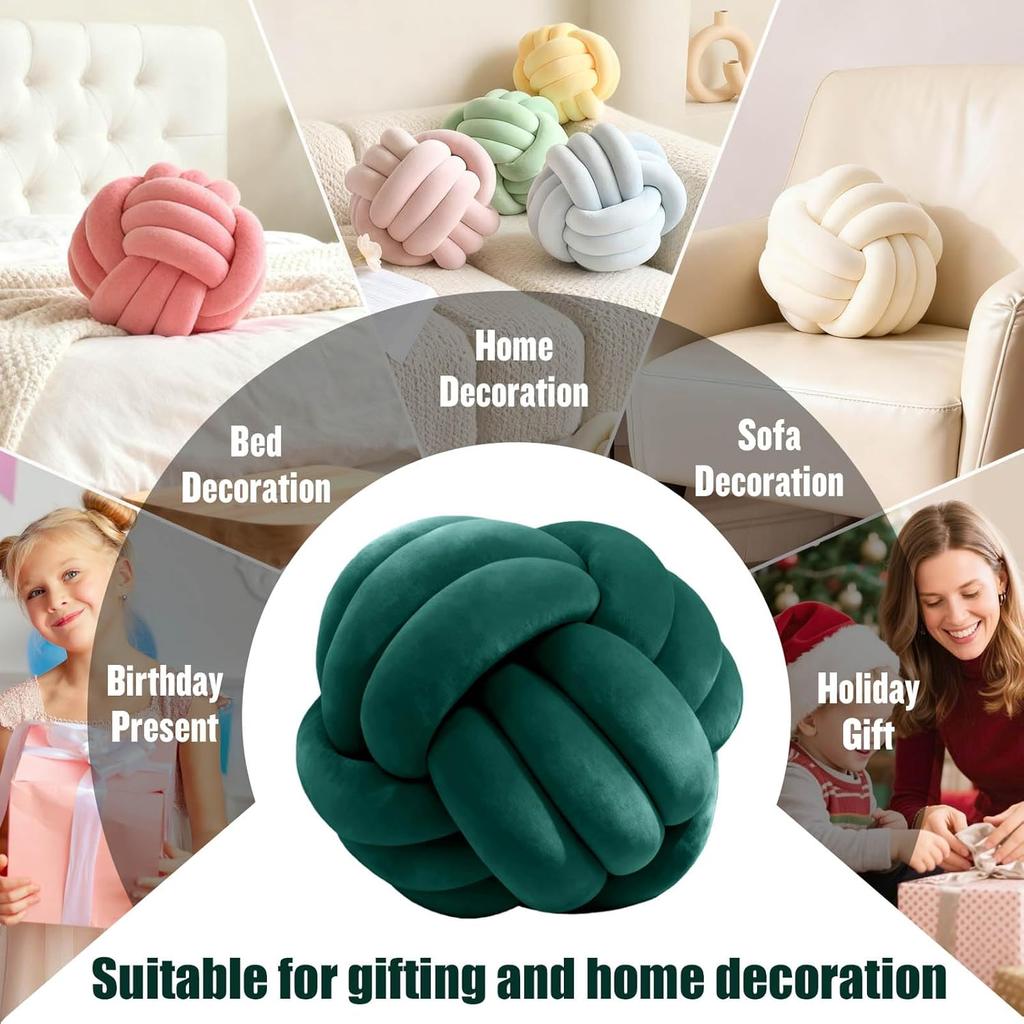 Dark Green 8.6 Inches Knot Pillow Ball, Round Soft Handmade Knotted Ball Pillow Plush Cushion Home Decor, Knotted Plush Pillow Cushion, for Bedroom,