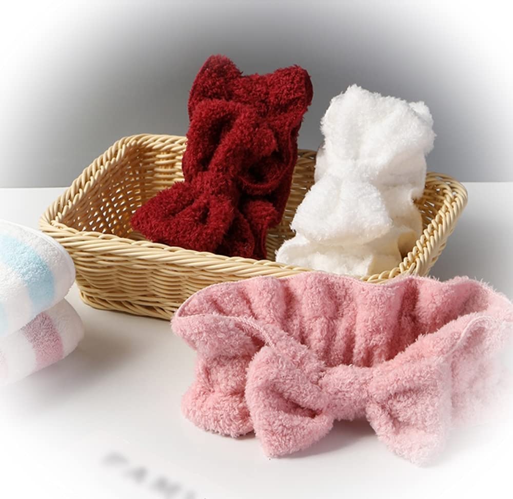 Wash Hairband Simple Hair Turban with Ribbon [Facial 3-Color Set] Fluffy, Cute, (Red, White, Pink)