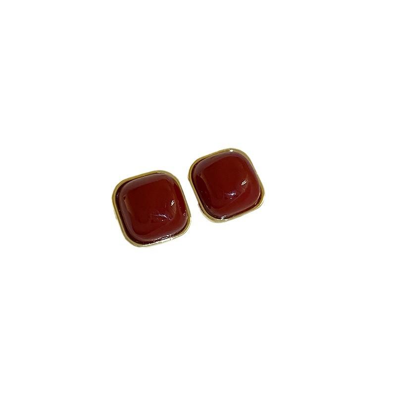 New Year's wine red mosquito coil disc ear clips, autumn and winter without ear holes, retro square stud earrings, high-end sense,fashion earrings
