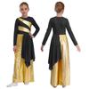 Girls Liturgical Dance Bodysuit Praise Worship Costume Metallic Color Block Wide-Leg Jumpsuit