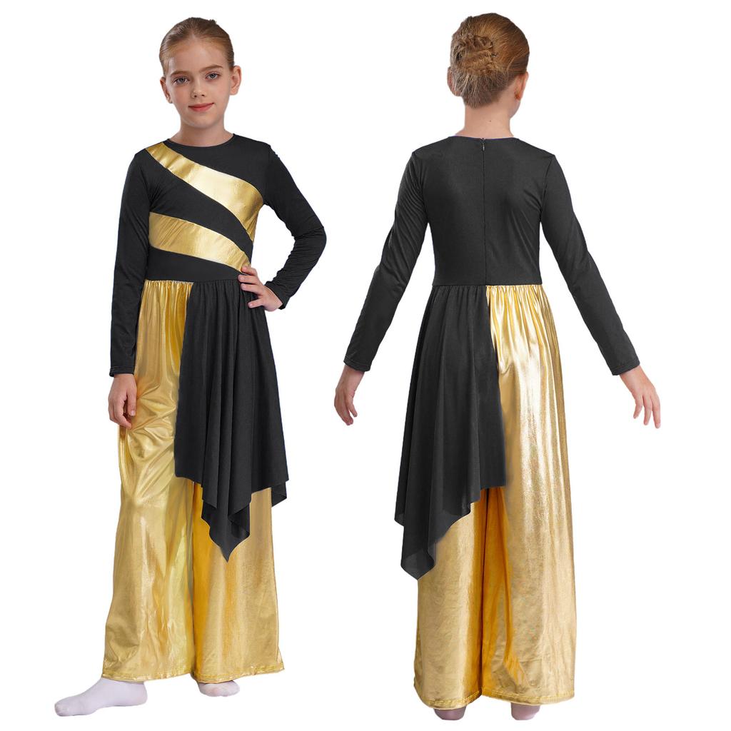 Girls Liturgical Dance Bodysuit Praise Worship Costume Metallic Color Block Wide-Leg Jumpsuit
