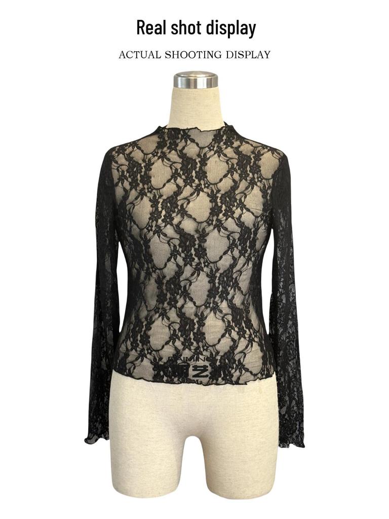 2025 Spring Elegant Women's Lace Trim Slimming Long Sleeve Top