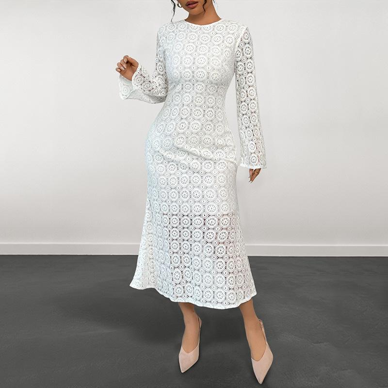 European & American 2025 Spring/Autumn Elegant Fishtail Skirt Long Sleeve Lace White Dress