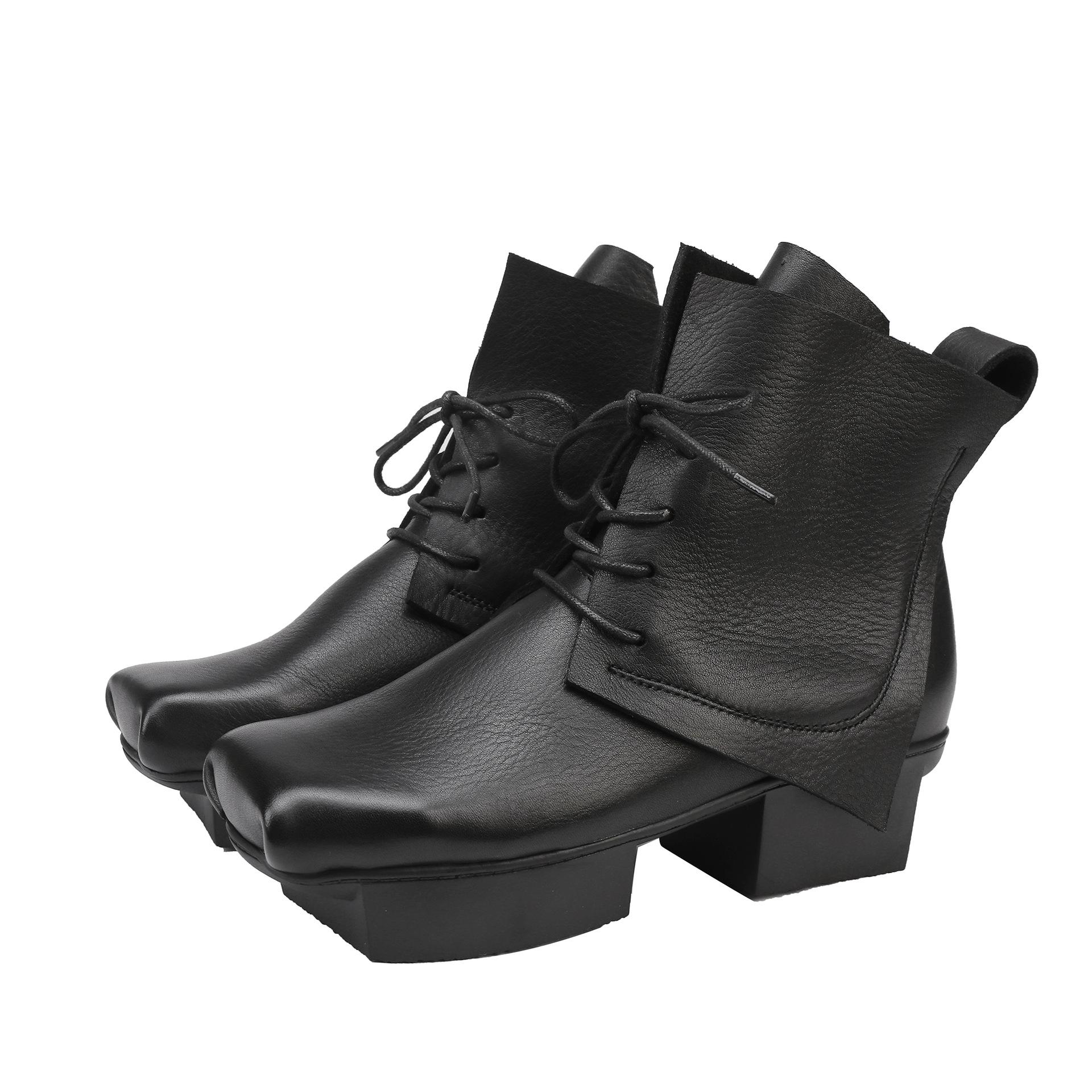 

Johnature Square Toe Thick Heel Short Boots Genuine Leather Lace-up Women s Fashion Platform Boots 35 чёрный