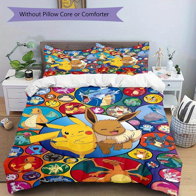 3pcs Eevee Circular & Pokemon Pikachu Quilt Cover Set (1 Quilt Cover + 2 Pillowcases Without Pillow Core), High-Definition Printing for Home and Dormi