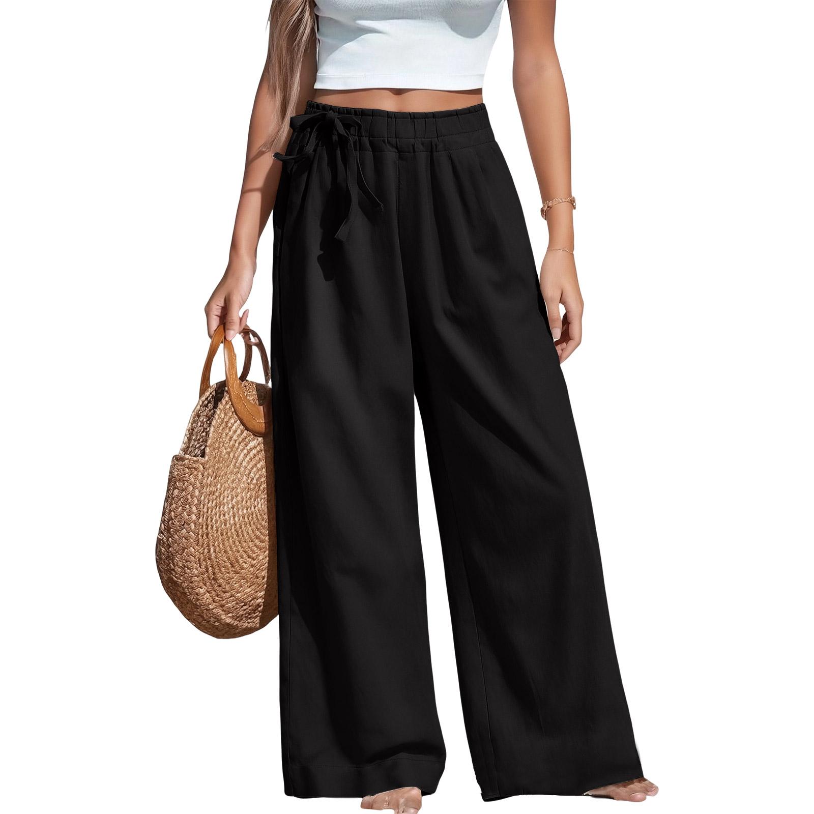 

Fashionable Women s Summer Cotton And Hemp Thin High Waist Side Strap Retro Artistic Elastic Casual Pants For Women XXL=4 чёрный