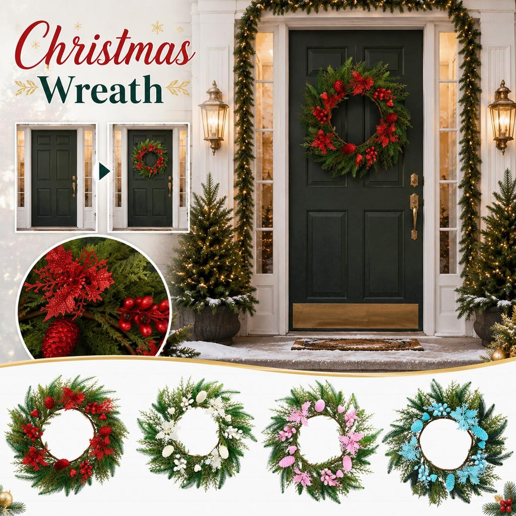 55cm Christmas Wreath with Artificial Leaves and Berries, Blue Multicolor for Front Door Holiday Decor