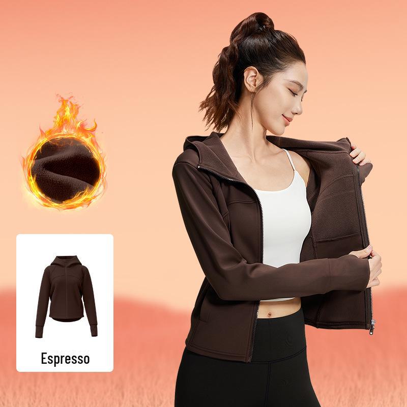 Juyitang Samt-Kapuzen-Yoga-Jacke - Pfirsich, Verdickt, Lockere Passform mit Taschen