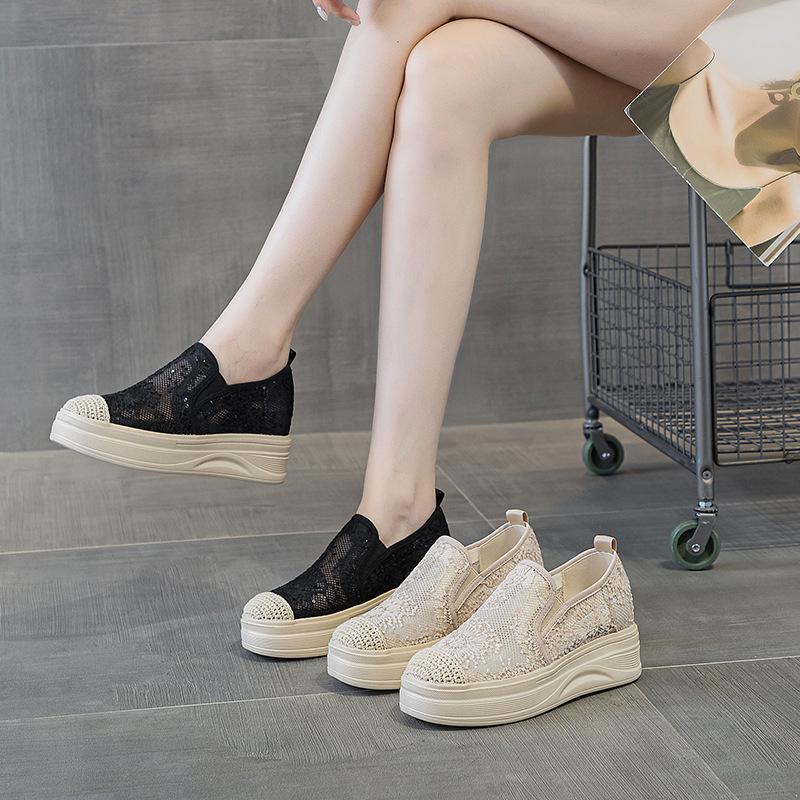 Fisherman shoes women's new one-pedal lightweight lace mesh shoes versatile thick soles increase height and breathability
